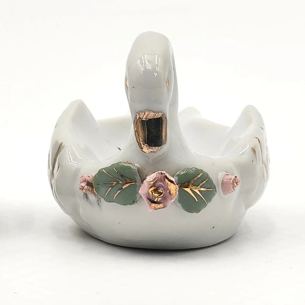 White Porcelain Swan Trinket Dishes Pink Roses Gold Trim Vanity Decor Set of 2